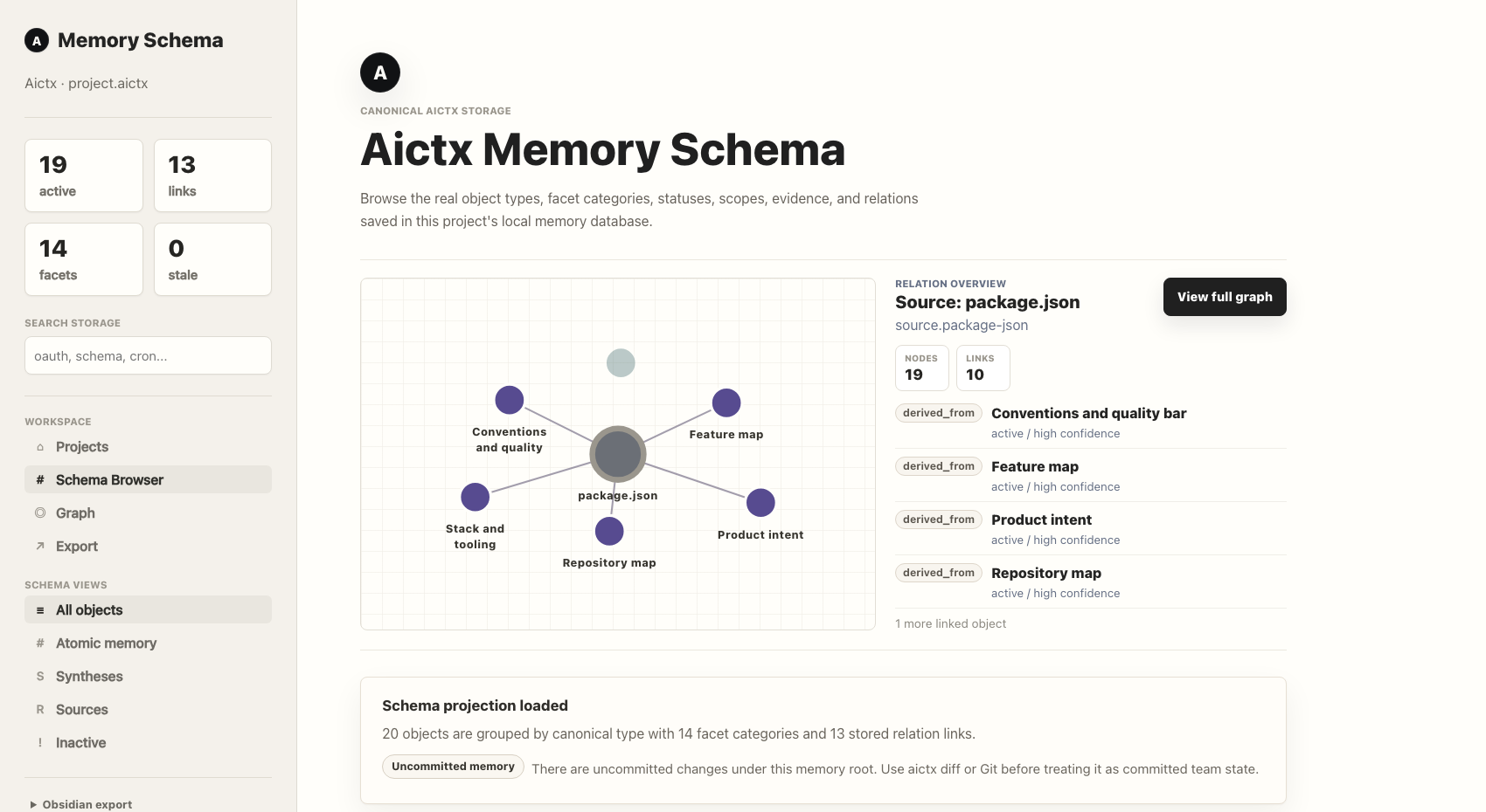Aictx viewer showing the memory schema graph with relation overview and canonical storage navigation.